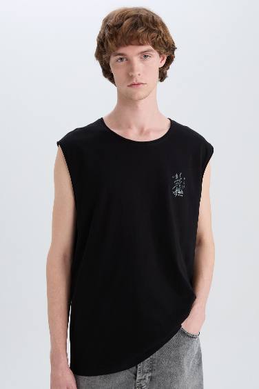 Boxy Fit Printed Crew Neck Cotton Tank Top