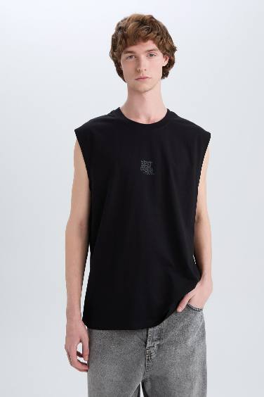 Boxy Fit Printed Crew Neck Cotton Tank Top