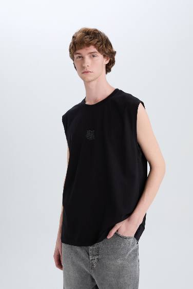 Boxy Fit Printed Crew Neck Cotton Tank Top