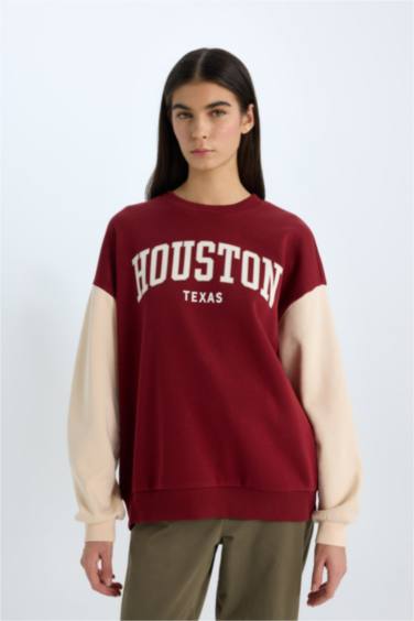 Oversize Geniş Kalıp Bisiklet Yaka Baskılı Kalın Sweatshirt