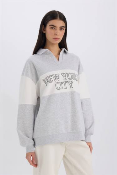 Relax Fit Polo Yaka Baskılı Kalın Sweatshirt