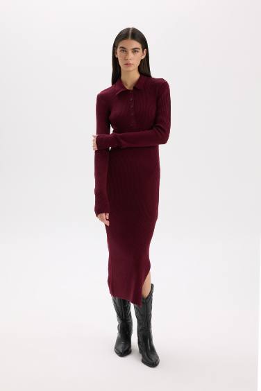 Robe en Tricot Côtelé Burgundy à Col Polo et manches longues