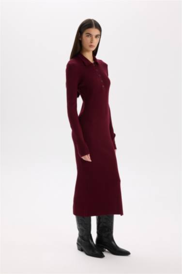 Fitted Polo Neck Basic Slit Knit Dress