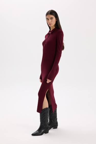 Fitted Polo Neck Basic Slit Knit Dress