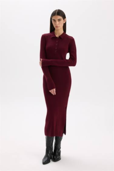 Fitted Polo Neck Basic Slit Knit Dress