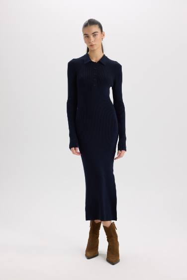 Robe en tricot Slim à col Polo et à manches longues