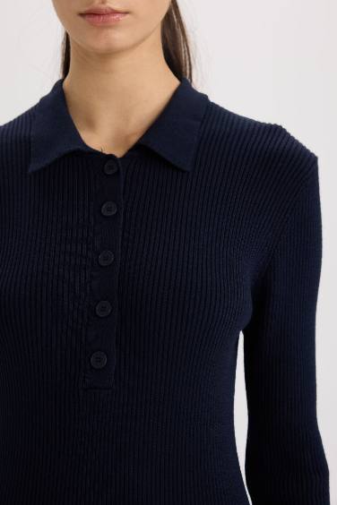 Fitted Polo Yaka Basic Düz Yırtmaçlı Uzun Kollu Triko Elbise