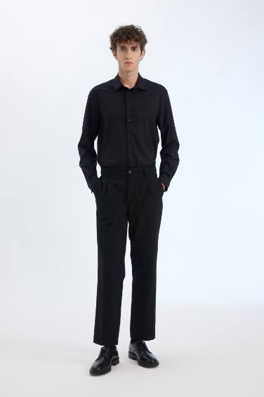 Regular Fit Polo Yaka Uzun Kollu Siyah Gömlek