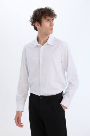 Regular Fit Polo Yaka Uzun Kollu Beyaz Gömlek