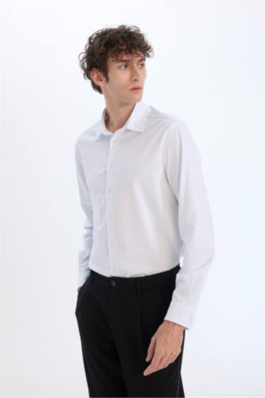 Regular Fit Polo Yaka Uzun Kollu Beyaz Gömlek