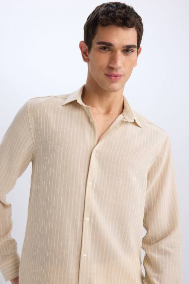 Regular Fit Polo Yaka Keten Görünümlü Uzun Kollu Gömlek