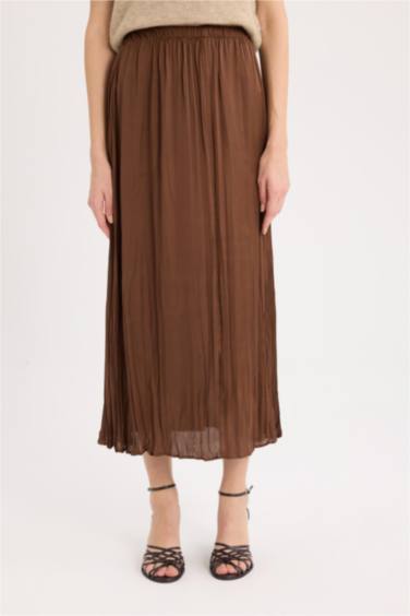 A Kesim Yüksek Bel Saten Midi Etek