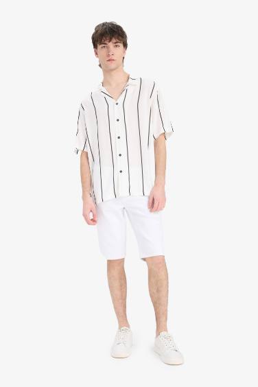 قميص مخطط نص كم قصة عادية بياقة جاكيت