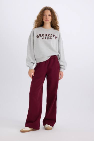 Loose Fit Bisiklet Yaka Baskılı Kalın Sweatshirt