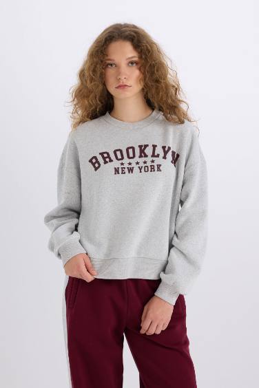 Loose Fit Bisiklet Yaka Baskılı Kalın Sweatshirt