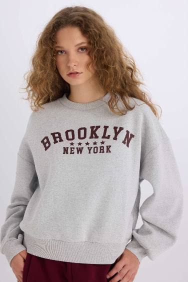 Loose Fit Bisiklet Yaka Baskılı Kalın Sweatshirt