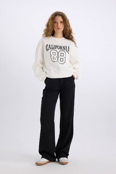 Loose Fit Bisiklet Yaka Baskılı Kalın Sweatshirt