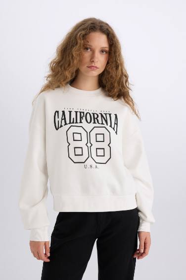 Loose Fit Bisiklet Yaka Baskılı Kalın Sweatshirt