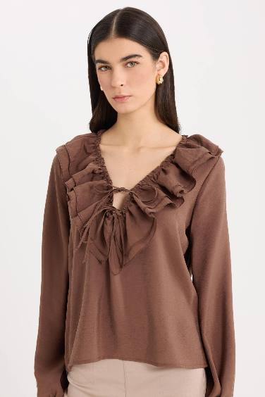 Regular Fit Ruffled V Neck Basic Long Sleeve Blouse