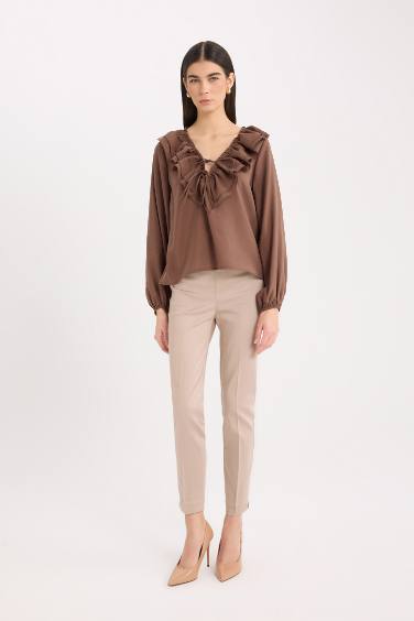 Regular Fit Ruffled V Neck Basic Long Sleeve Blouse