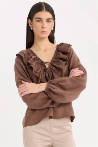 Regular Fit Ruffled V Neck Basic Long Sleeve Blouse