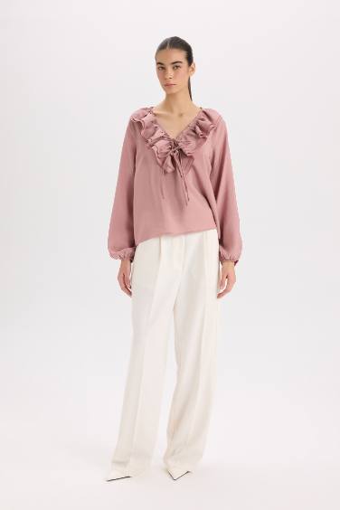 Regular Fit Ruffled V Neck Basic Long Sleeve Blouse