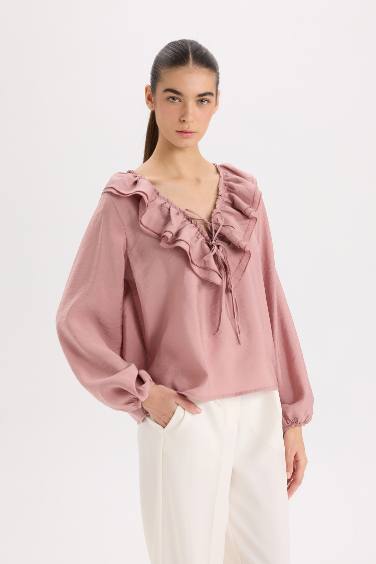 Regular Fit Ruffled V Neck Basic Long Sleeve Blouse