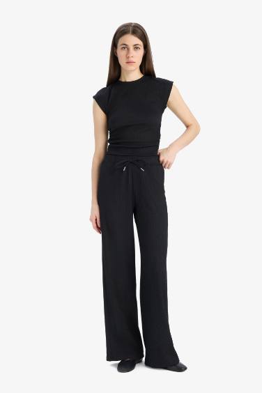 Pantalon froissé droit à taille élastique avec cordon de serrage et poches