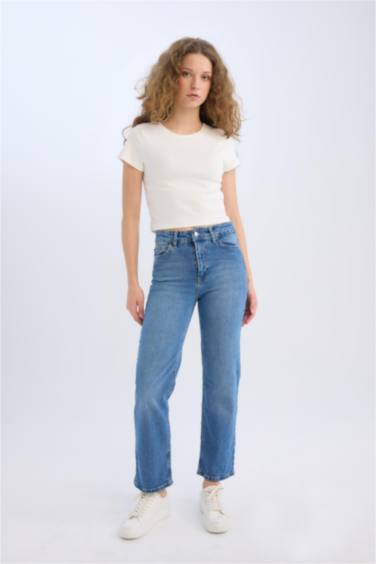 Comfort Straight Yüksek Bel Bilek Boy Jean Yıkamalı Pantolon