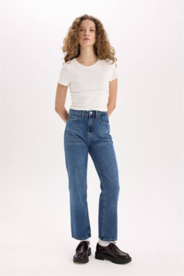 Straıght Fıt Yüksek Bel Bilek Boy Jean Yıkamalı Pantolon