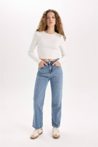 Straıght Fıt Yüksek Bel Bilek Boy Jean Yıkamalı Pantolon