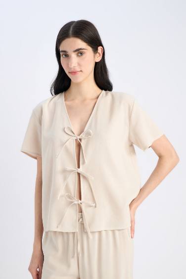 Pijama Takımı Keten Kısa Kollu Üst Beli Lastikli Alt-Fall in Love