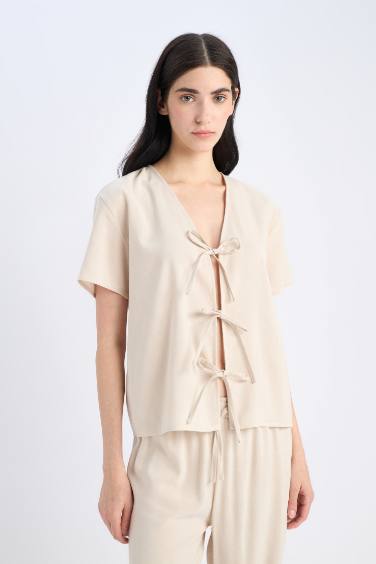 Pijama Takımı Keten Kısa Kollu Üst Beli Lastikli Alt-Fall in Love