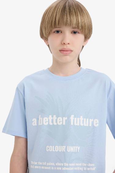 تيشيرت أولاد نص كم مطبوع قصة عادية برقبة مستديرة