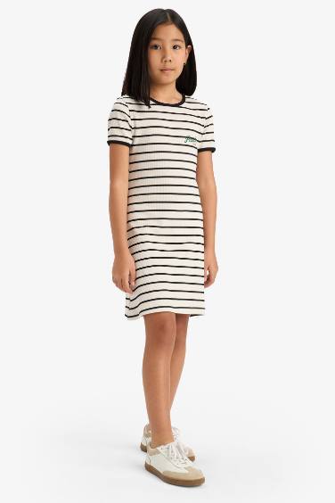 Girl Crew Neck Ribbed Camisole Striped Dress