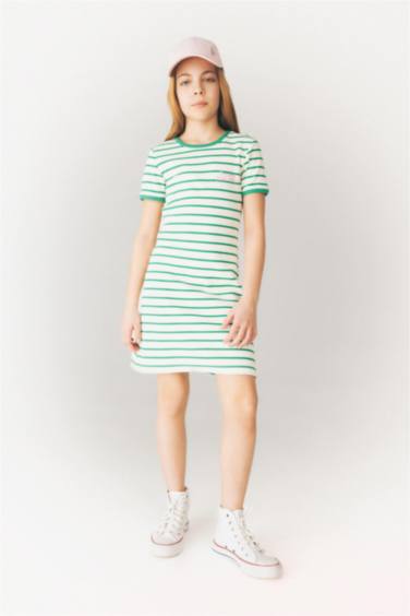 Girl Crew Neck Ribbed Camisole Striped Dress