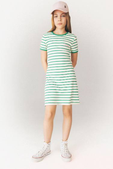 Girl Crew Neck Ribbed Camisole Striped Dress