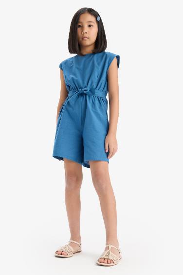 Girl Tied Cotton Sleeveless Short Jumpsuit