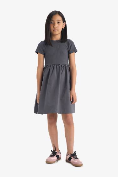 Girl Crew Neck Corduroy Short Sleeve Dress