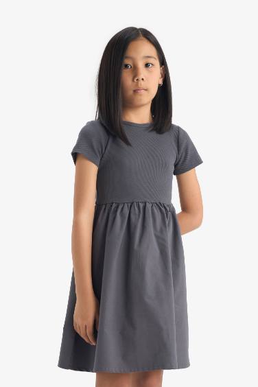 Girl Crew Neck Corduroy Short Sleeve Dress