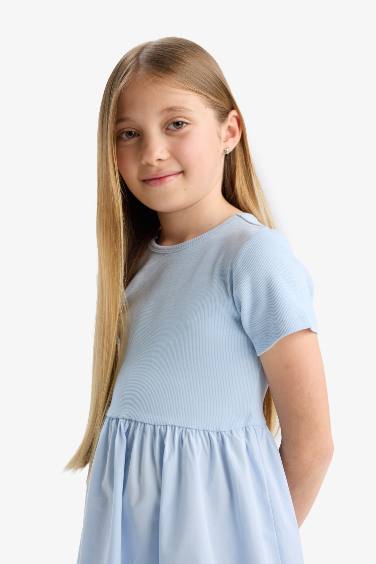 Girl Crew Neck Corduroy Short Sleeve Dress