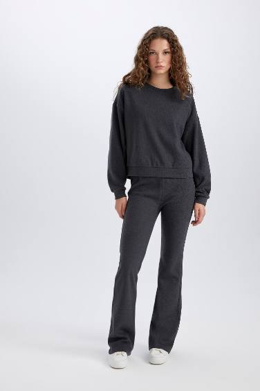 2'li Takım Basic Düz Bisiklet Yaka Üst Beli Lastikli Uzun Alt