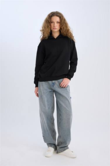 Loose Fit Kapüşonlu Basic Düz Kalın Sweatshirt