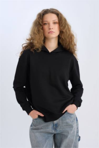 Loose Fit Kapüşonlu Basic Düz Kalın Sweatshirt