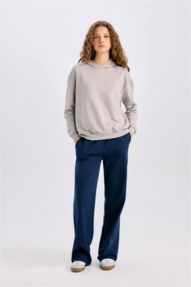 Loose Fit Kapüşonlu Basic Düz Kalın Kumaş Sweatshirt