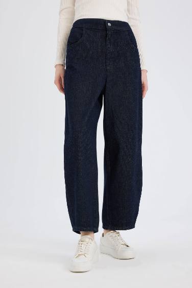 Barrel Fit Beli Lastikli Bilek Boy Cepli Yumuşak Jean Pantolon