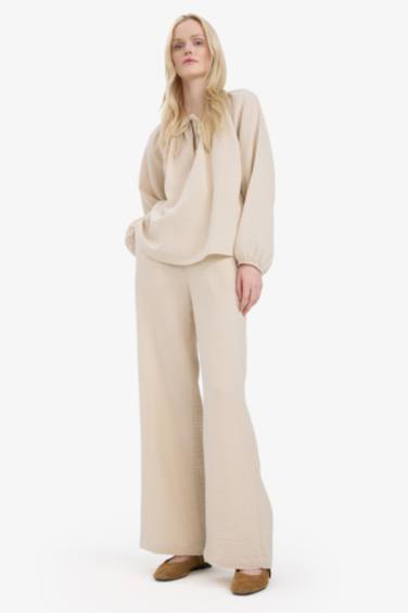 Wide Leg Müslin Kumaş Palazzo Pantolon Çift Cepli Yüksek Bel Geniş Paça