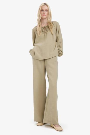 Wide Leg Müslin Kumaş Palazzo Pantolon Çift Cepli Yüksek Bel Geniş Paça