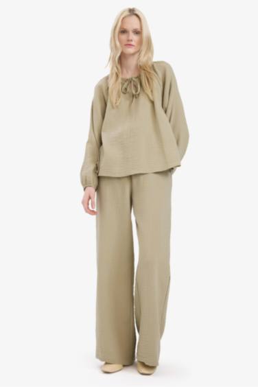 Wide Leg Müslin Kumaş Palazzo Pantolon Çift Cepli Yüksek Bel Geniş Paça