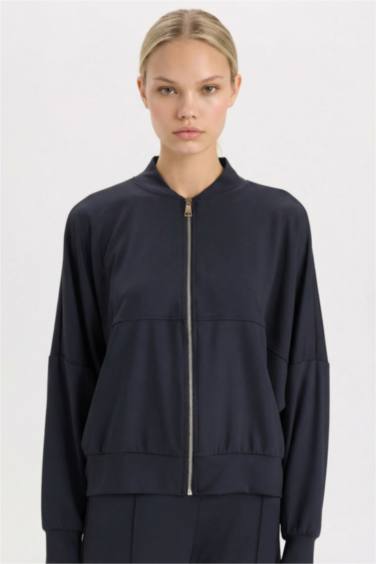 Kolej Yaka Fermuarlı Cepli Basic Düz Bomber Hırka